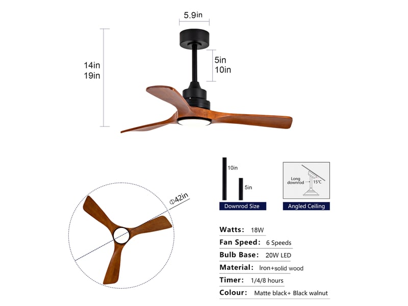  Ventilateur de plafond 42 pouces avec led, 6 vitesses, télécommande et interrupteur mural, bois noyer noir  - Conforama C