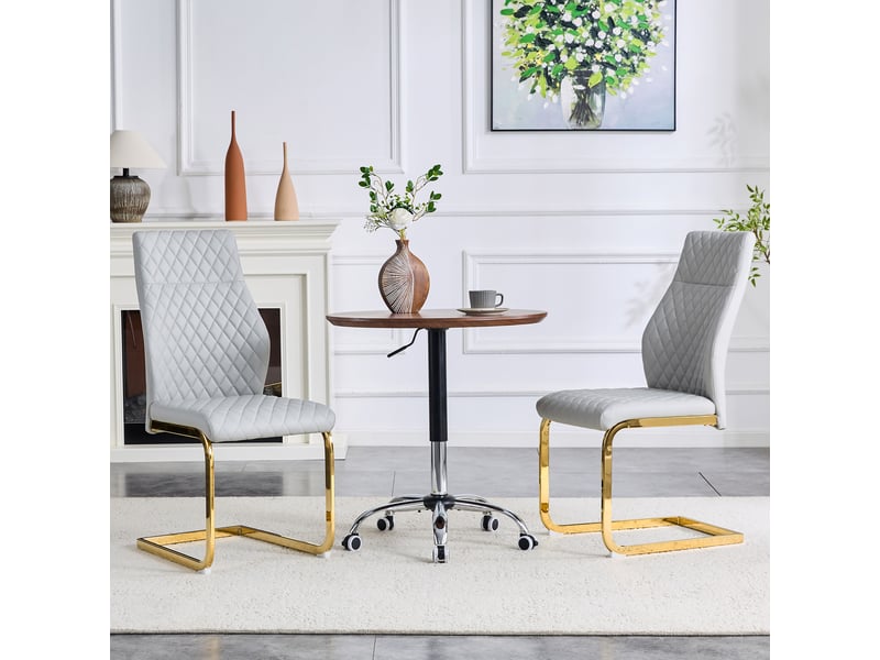  Lot de 2 chaises de salle à manger en cuir synthétique gris clair motif losanges pieds dorés  - Conforama B