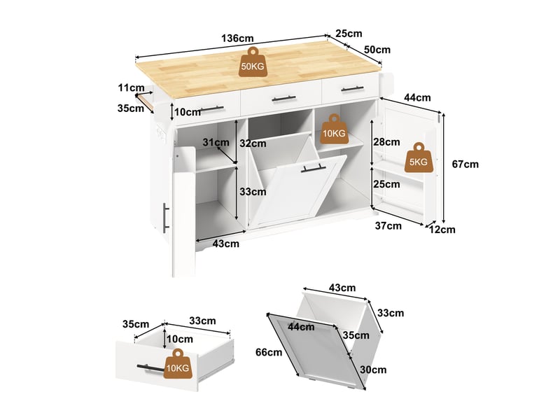 Desserte de cuisine à roulettes avec plan rabattable, 3 tiroirs, 2 portes et meuble poubelle, mdf blanc et bois naturel - Conforama E