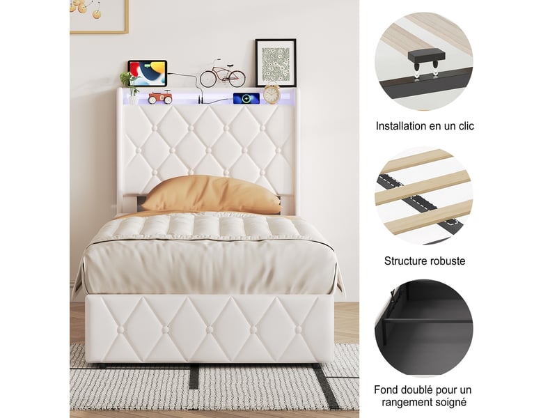  Lit coffre 90x200 cm avec led et usb, lit simple capitonné avec rangement hydraulique, lit 1 place avec sommier à lattes, lit adulte avec tête de lit rembourrée, velours blanc  - Conforama E