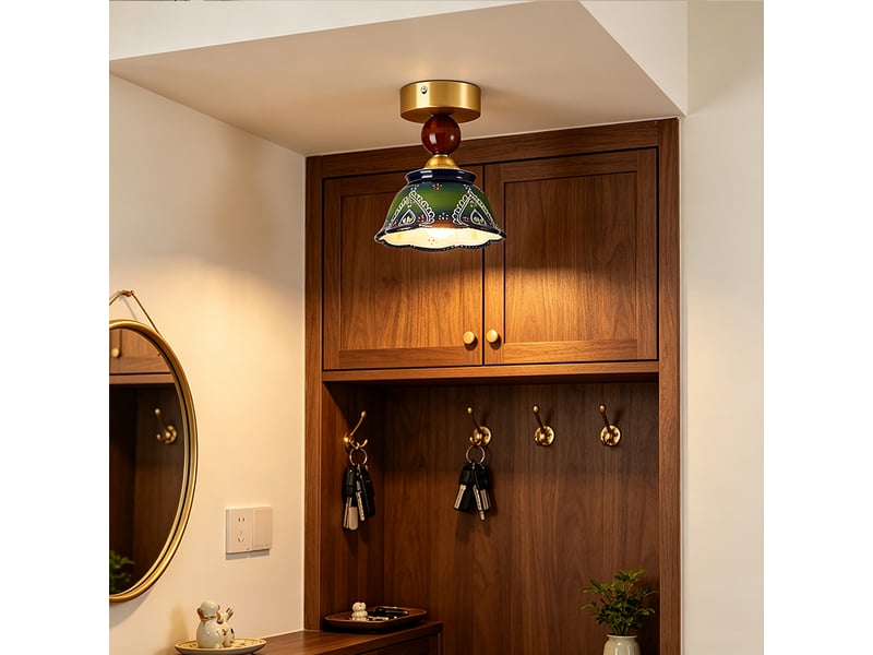  Plafonnier en céramique vert forêt, style bohème rétro, abat-jour floral, e27, 3 couleurs de lumière  - Conforama D