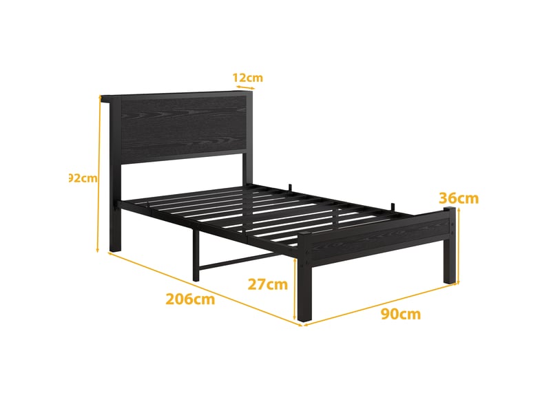  Lit simple 90x200 cm avec tête de lit et rangement, mdf et métal, noir sans matelas  - Conforama E
