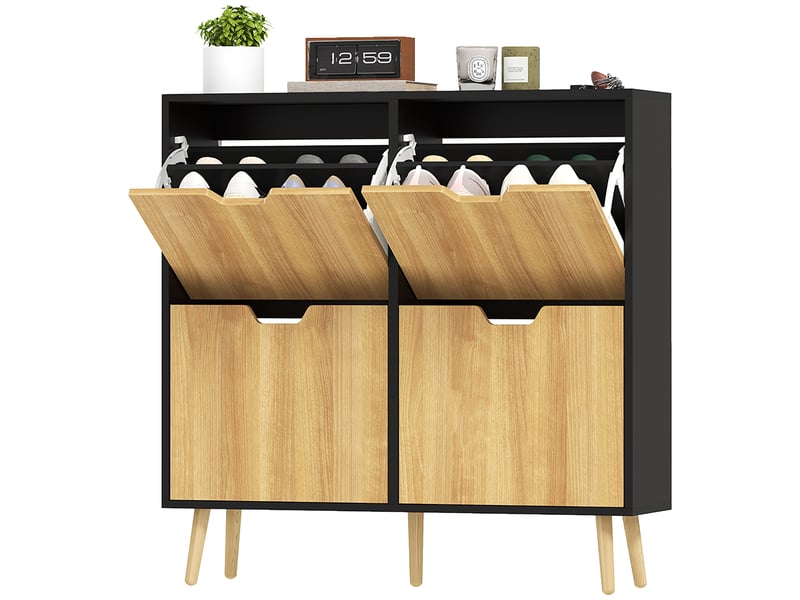  Meuble à chaussures étroit avec 4 tiroirs abattants et étagères réglables pour 16 paires de chaussures, 95 x 26 x 95 cm, naturel et noir  - Conforama B