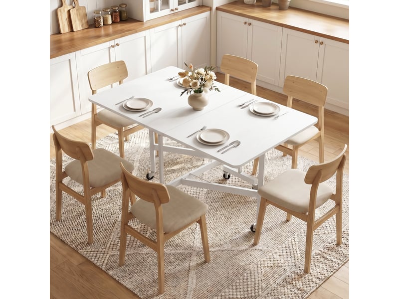  Table de salle à manger pliante pour 4 à 6 personnes avec roulettes et rallonges rabattables, table de cuisine pliante 120 x 80 x 73 cm, blanche  - Conforama D