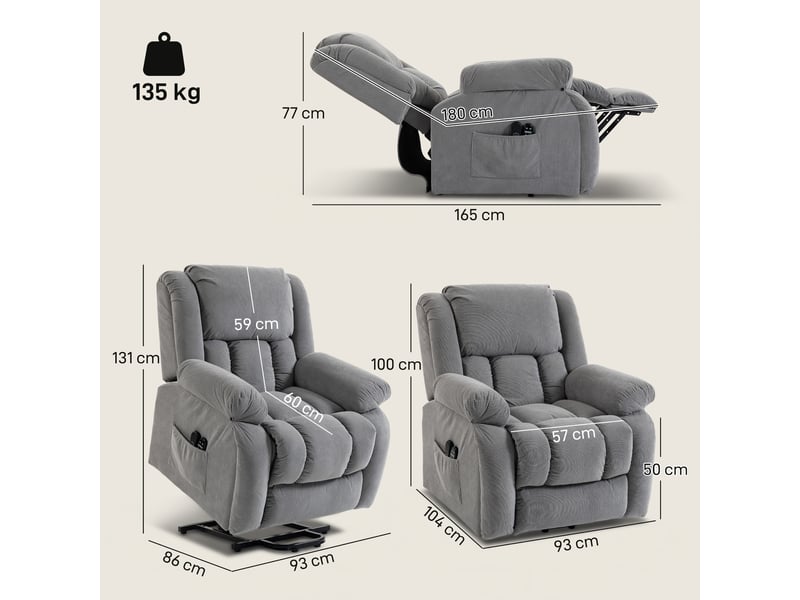  Fauteuil releveur électrique massage et chauffage avec repose-pied, télécommande et poche latérale, dossier inclinable  - Conforama C