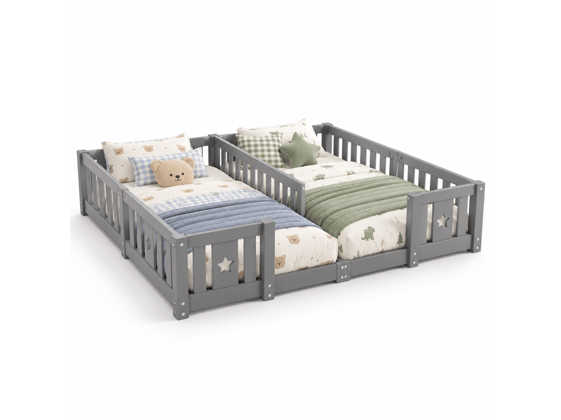 Lit au sol enfant 180x200cm - lit montessori avec barrière de sécurité - lit double 2 places pour bébé ou enfant - pin massif gris - sans sommier - Conforama A