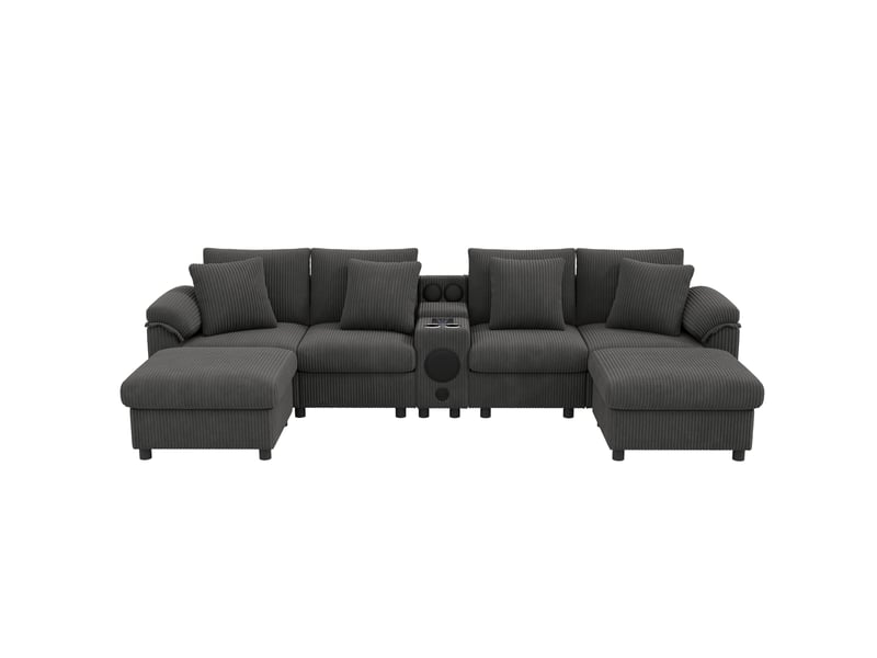 Canapé modulable modenvie u et l avec bluetooth, console, rangement, recharge sans fil, usb, porte-gobelets, corduroy gris - Conforama A