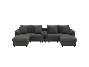 Canapé modulable modenvie u et l avec bluetooth, console, rangement, recharge sans fil, usb, porte-gobelets, corduroy gris
