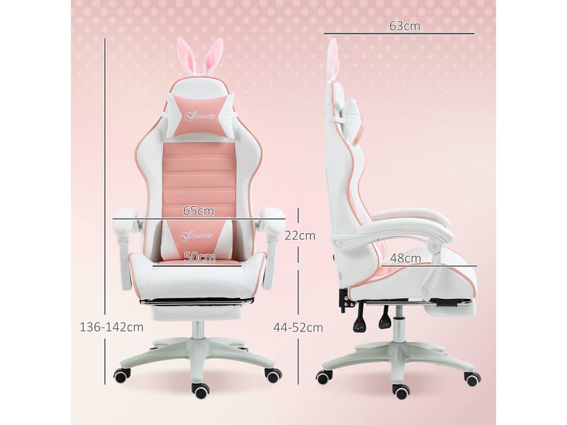  Chaise gaming ergonomique rose avec soutien lombaire repose-pieds oreilles de lapin et coussin tête  - Conforama C