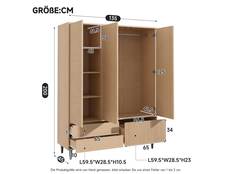  Armoire 3 portes avec miroir 135x45x200 cm, aspect chêne clair  - Conforama C