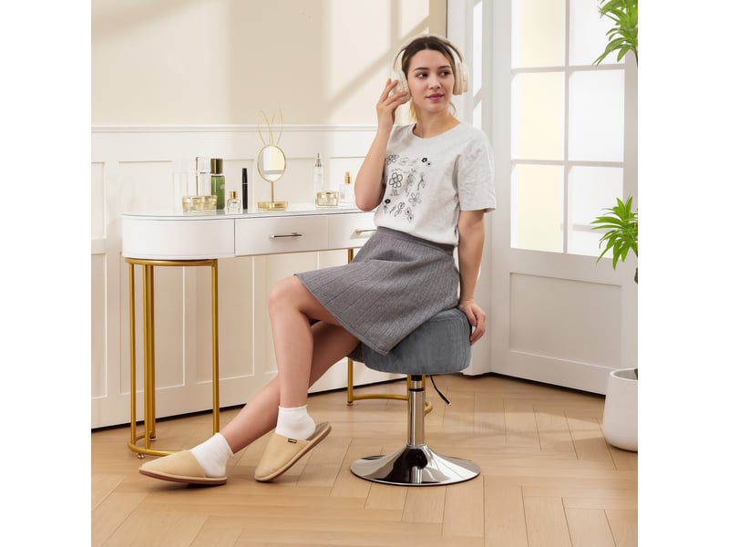  Tabouret de cuisine réglable en hauteur 52-66 cm, revêtu de velours côtelé, pivotant à 360°, gris  - Conforama C