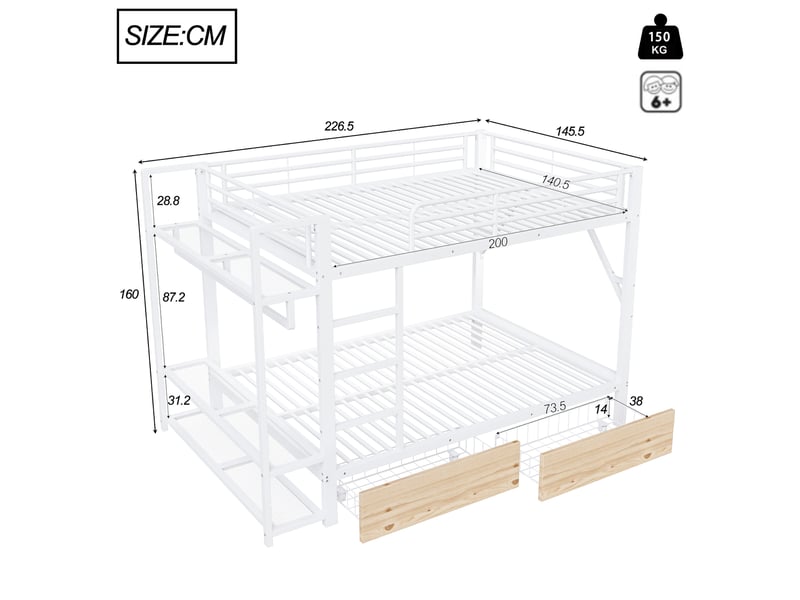  Lit superposé avec rangement 140x200 cm, 2 tiroirs et étagères, led réglable par application, métal et mdf blanc  - Conforama C