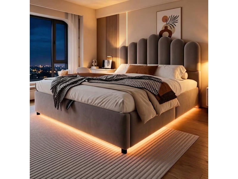  Lit coffre 140x200 velours gris avec tête de lit capitonnée et éclairage led sans matelas  - Conforama B