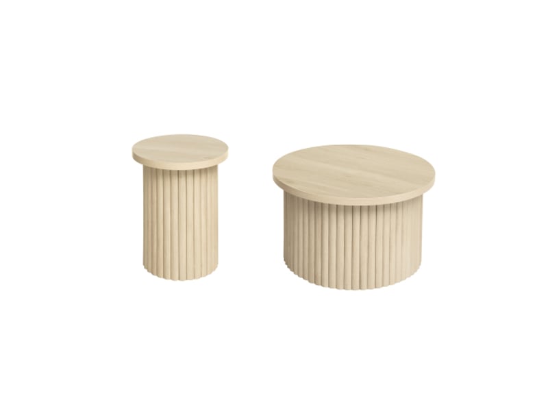  Set de 2 tables basses rondes en bois naturel, structure ondulée, table d'appoint intégrée – salon, chambre et bureau  - Conforama E