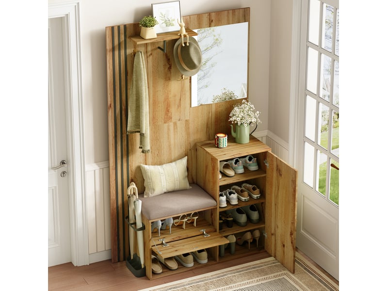  Meuble d'entrée 185 cm, meuble mural de salon, étagère, armoire, meuble à chaussures et miroir, mdf, couleur bois clair  - Conforama B