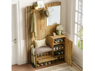 Meuble d'entrée 185 cm, meuble mural de salon, étagère, armoire, meuble à chaussures et miroir, mdf, couleur bois clair