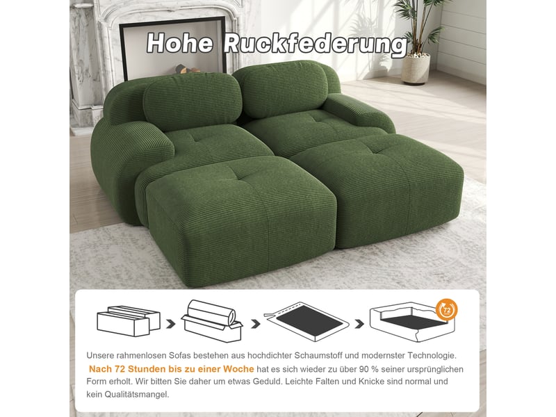 Canapé 2 places 208x178x70 cm en velours côtelé vert modulable avec chaise longue - Conforama E