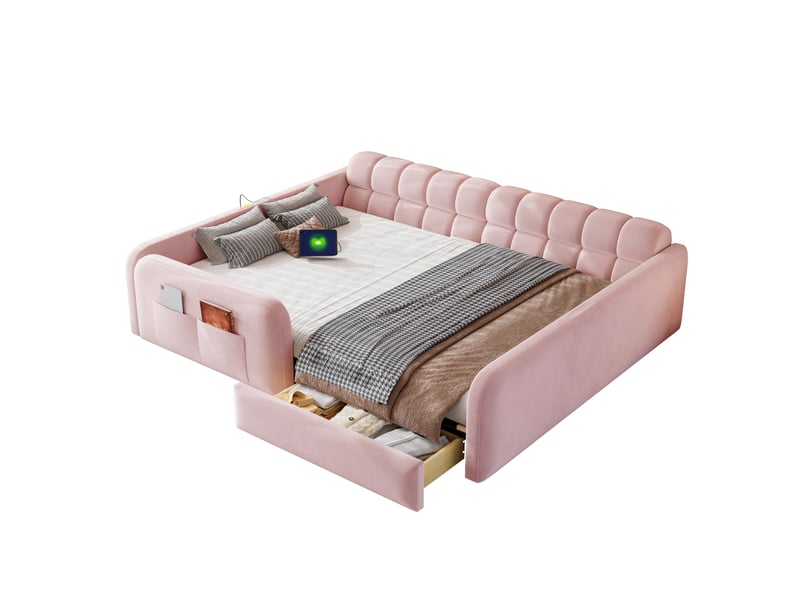  Lit enfant 140x200 cm avec tiroir, veilleuse et ports usb, en velours rose, sans matelas  - Conforama A