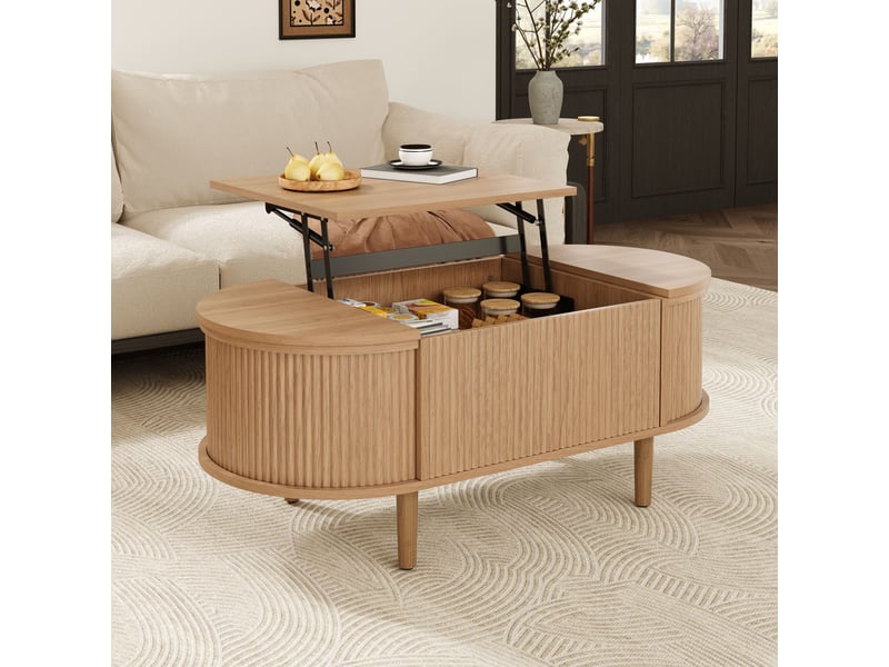  Table basse 100x48x53,5 cm, plateau relevable, grand rangement, style vintage, pieds bois massif pour salon et séjour - chêne  - Conforama D