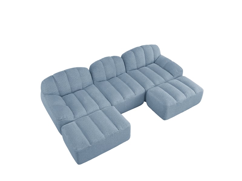  Canapé modulable 3 places en u avec 2 poufs, tissu bouclette bleu  - Conforama A