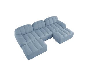 Canapé modulable 3 places en u avec 2 poufs, tissu bouclette bleu