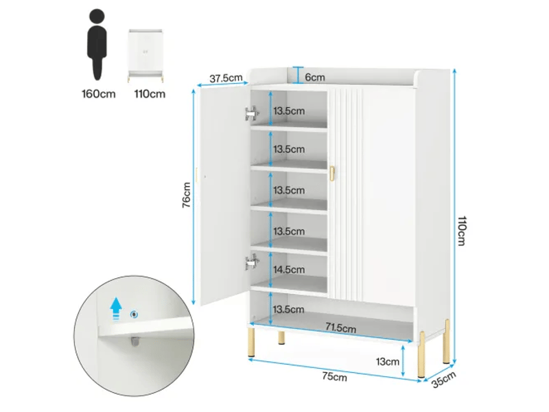  Meuble à chaussures 2 portes avec étagères réglables pour entrée en bois et métal 75×36,5×110 cm blanc  - Conforama D
