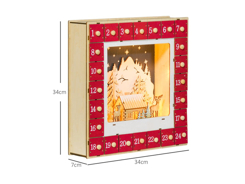  Calendrier de l'avent led, décorations de noël en bois, 24 tiroirs à remplir, décoration lumineuse, rouge  - Conforama E