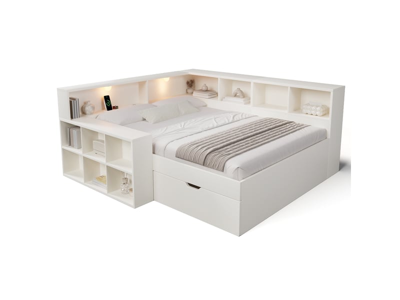  Lit 140x190 cm avec rangements, lampe de lecture et ports usb coloris blanc  - Conforama A