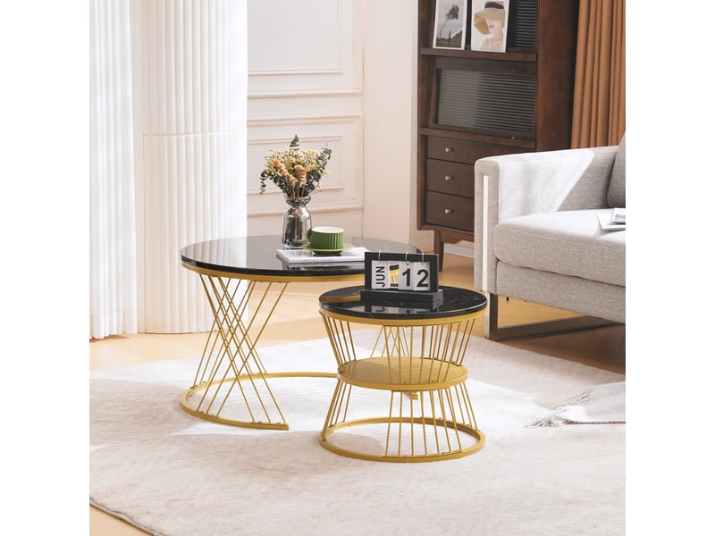 Tables basses gigognes rondes avec plateaux aspect marbre et pieds réglables, finition brillante, pour salon, mdf et métal, noir - Conforama C
