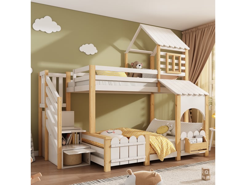 Lit superposé cabane 90x200140x200 cm avec escalier rangement Fay Lum - Conforama B