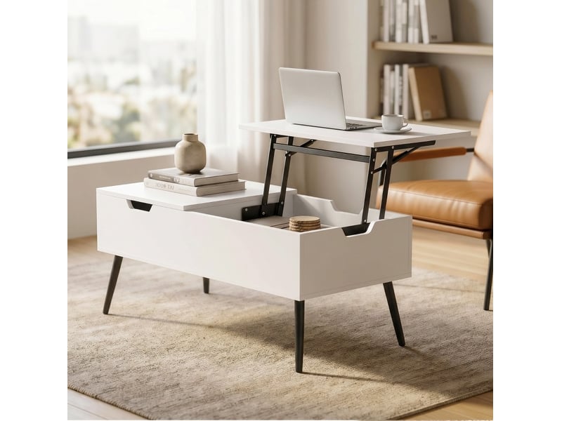  Table basse relevable blanche 100 x 50 x 58 cm avec double plateau et rangements  - Conforama E
