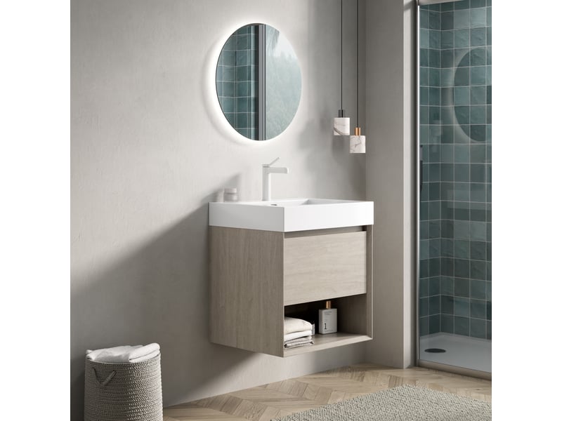  Meuble sous vasque suspendu avec 1 tiroir, étagère ouverte et fermeture douce pour salle de bain 55 × 46 × 60 cm  - Conforama B