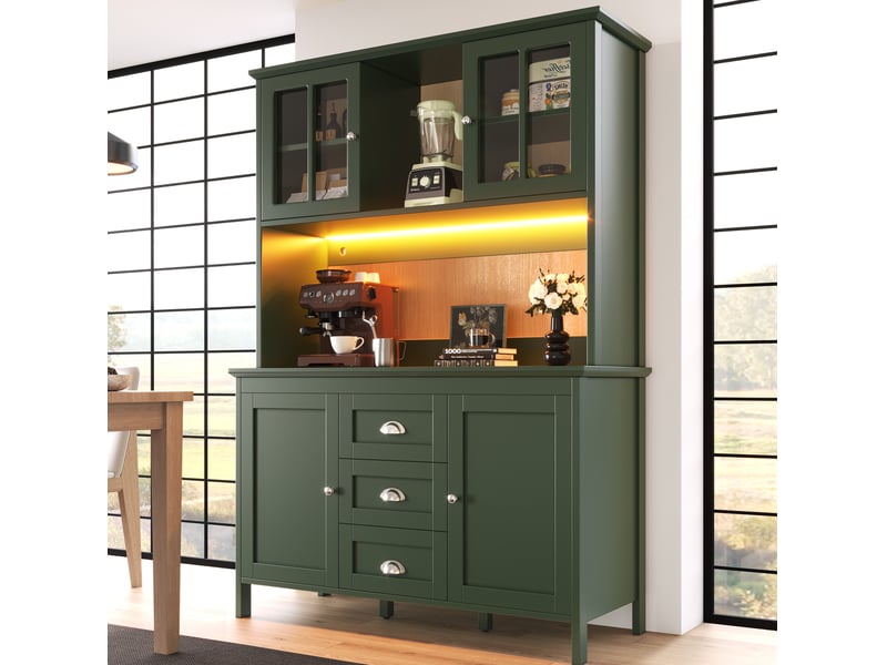 Buffet de cuisine haut avec portes vitrées, tiroirs, étagères réglables et led pour cuisine, vert, 120 × 40 × 179 cm - Conforama B