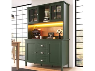 Buffet de cuisine haut avec portes vitrées, tiroirs, étagères réglables et led pour cuisine, vert, 120 × 40 × 179 cm
