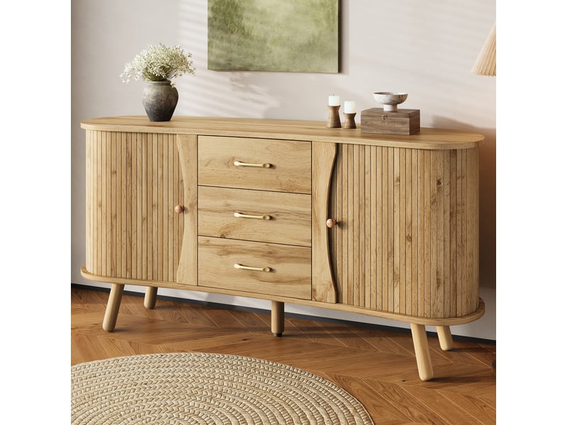 Buffet 150x36,5x75cm, portes coulissantes, 3 tiroirs, tablettes réglables, rangement, pour cuisine, mdf, couleur naturel  - Conforama W