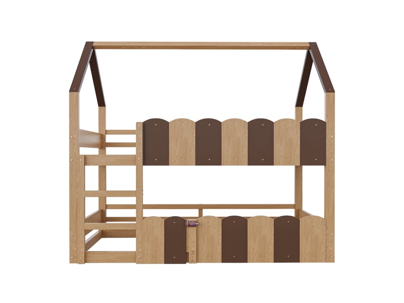  Lit superposé pour enfants 90 × 200 cm, en forme de maison, équipé de barrières de sécurité surélevées, couleur naturelle  - Conforama A