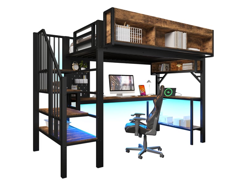  Lit mezzanine 90x200 avec bureau d'angle, rangements, panneau perforé, led et usb evryae  - Conforama A