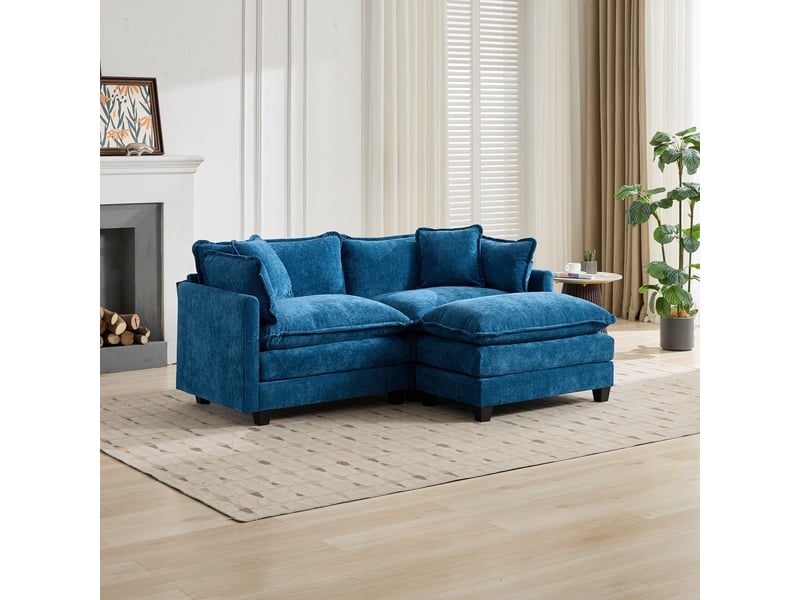  Canapé 2 places en tissu chenille bleu, assise rembourrée double couche et coussin de dossier pour salon ,pouf non inclus  - Conforama W