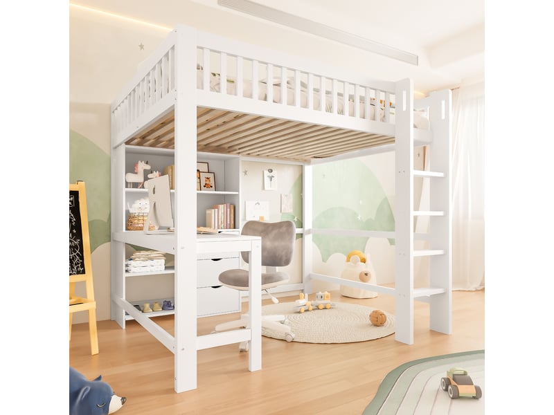 Lit mezzanine 140x200 cm avec bureau, 3 tiroirs et étagères, en pin massif et mdf, blanc pour chambre enfant - Conforama E