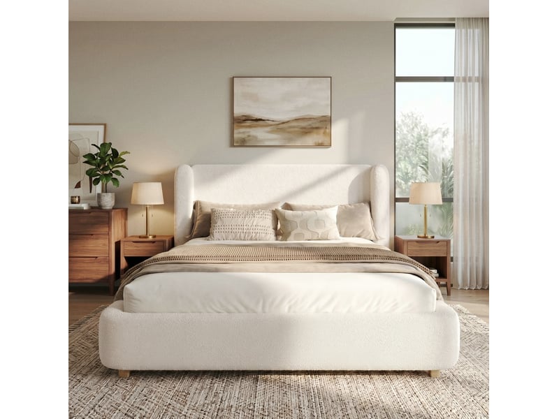  Lit coffre modenvie 140 x 190 cm avec sommier à lattes, tête de lit bouclette beige  - Conforama E