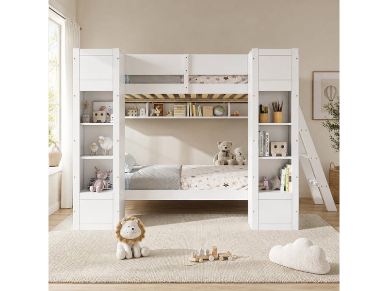 Lit superposé enfant 2 places 90 × 200 cm, 2 armoires, étagère et échelle réversible, sans matelas, blanc - Conforama D