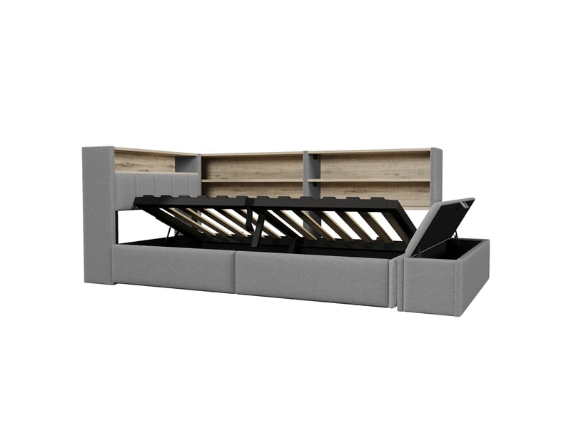 Canapé-lit 90 x 200 cm, suspension hydraulique, banquette-lit, prise électrique, caisson latéral réversible (à gauche ou à droite) avec port usb et éclairage led, sans matelas, velours gris. - Conforama E