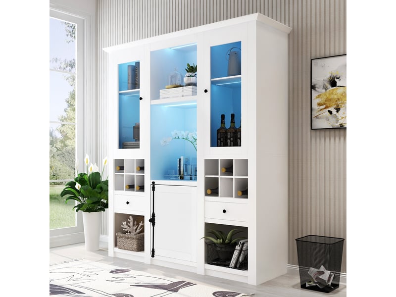  Vitrine 143x45.5x170 cm avec éclairage led 7 couleurs, buffet salon en blanc, buffet haut avec porte en acrylique, mdf  - Conforama D