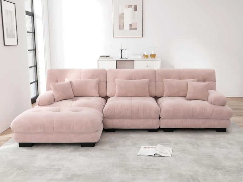 Canapé d'angle modulaire de luxe,3 places,profond avec pouf, velours ,313x 145x 81 cm, rose - Conforama B