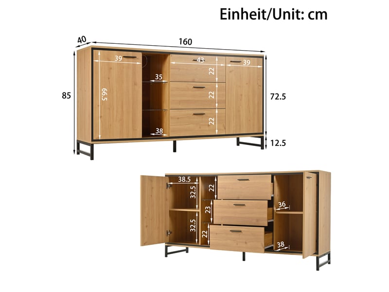  Buffet bois naturel et noir avec 3 tiroirs, meuble de rangement 160 cm avec éclairage led 16 couleurs et étagères en verre.  - Conforama C