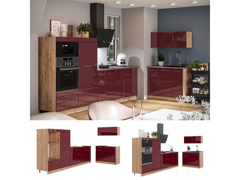Vicco cuisine, rouge bordeaux haute brillancechêne de force doré, 380cm, pt anthracite - Conforama D
