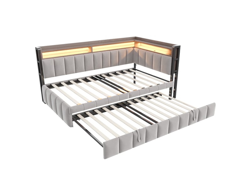 Lit banquette enfant 90 x 200 cm avec lit gigogne 90 x 190 cm, led, usb-c et rangements, velours, gris clair Fay Lum - Conforama A