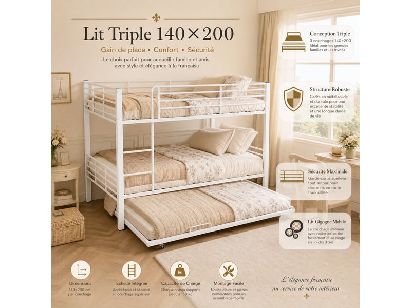  Lit superposé 3 places avec couchage gigogne 140x200 cm en métal blanc mat - barrière de 40 cm  - Conforama E