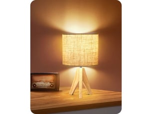 Lampe de table lin beige trépied bois massif e27 4w 2700k