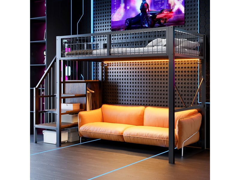 Lit mezzanine 90x200 cm en métal avec échelle de rangement, éclairage led, garde-corps sécurisé et espace bureau ou canapé sous le lit - noir - Conforama B